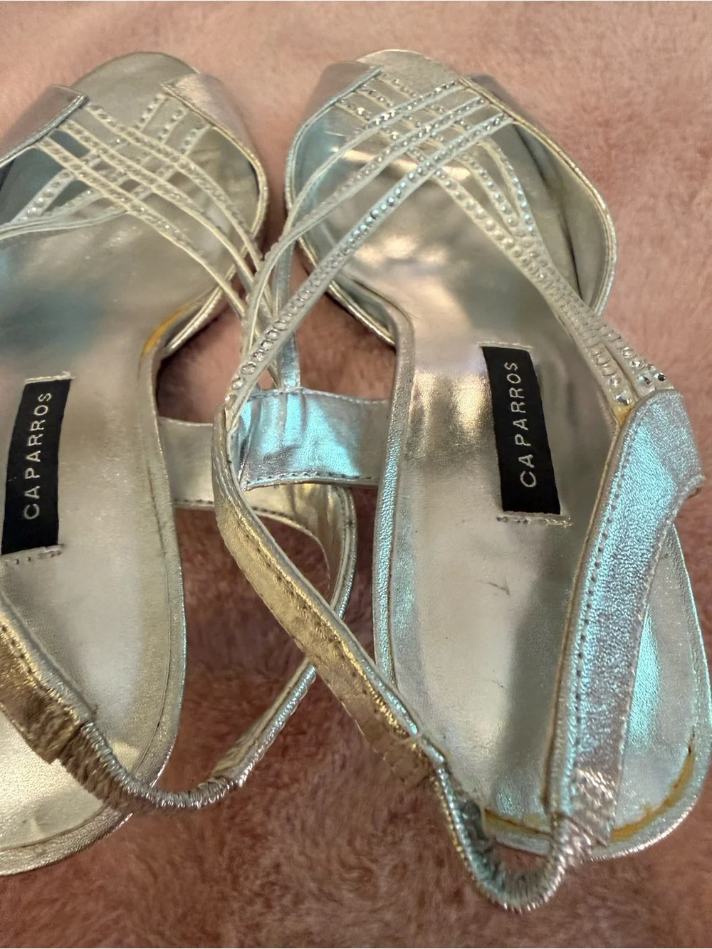 Caparros Metallic Silver Rhinestone Slingback Heels